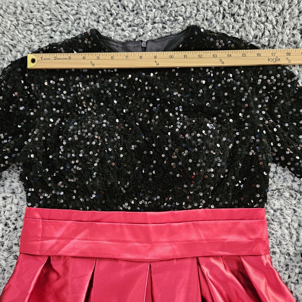 Black & Red Maxi Dress M Medium Sequined Satin Long Sleeve Formal Gown AO YAN - Picture 6 of 12